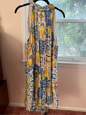1STATE Blue, Yellow & Green Sleeveless Tie-Neck Midi Dress